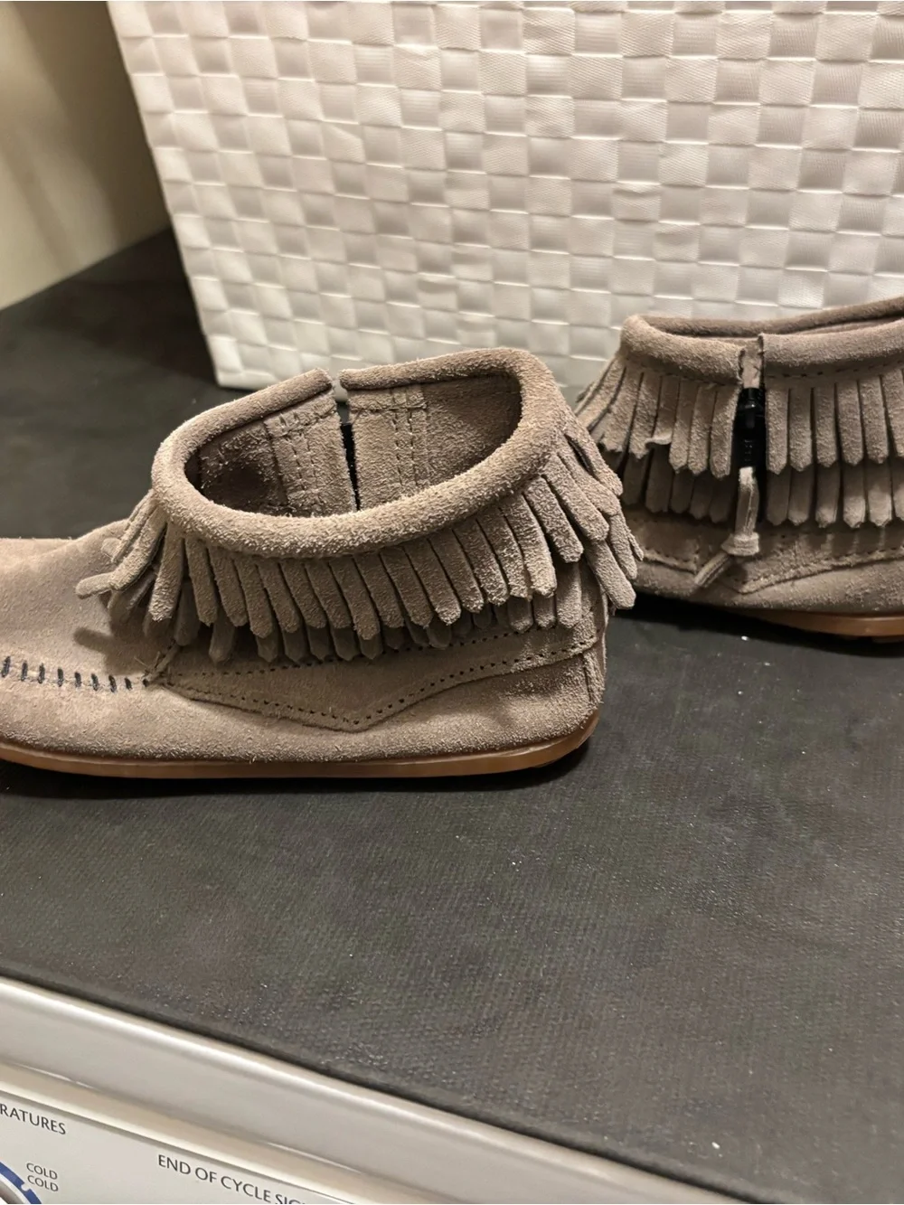 Minnetonka Kids Suede Fringe Moccasins - Taupe
